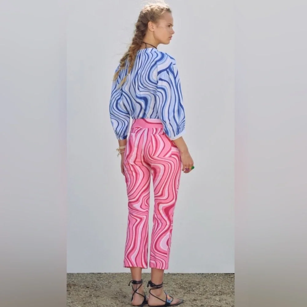 NWT Zara Linen Blend Crop Pants Pucci-like Swirl Design M necklace earrings set